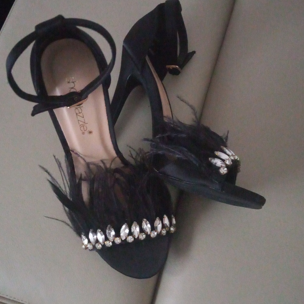 Shoe Dazzle Vero Black Feather & Crystal Embellished Ankle-Strap Heels -Size 6.5